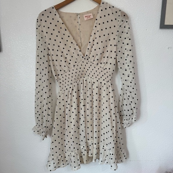 ShowPo PRETTY AS YOU MINI DRESS LONG SLEEVE SHIRRED WAIST IN OFF WHITE POLKA-DOT - Picture 5 of 8
